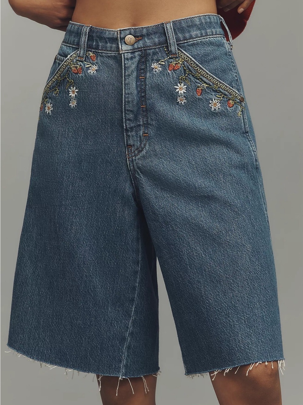 ANTHROPOLOGE Pilcro High-Waist Embroidered Denim Bermuda Shorts - Picture 1 of 5